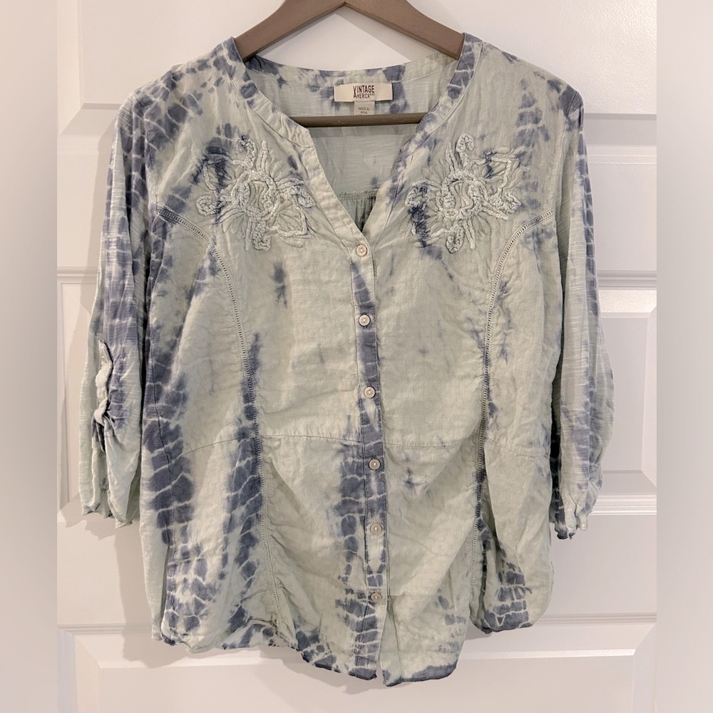Vintage America Tie Dye Blouse Gray Green Size L